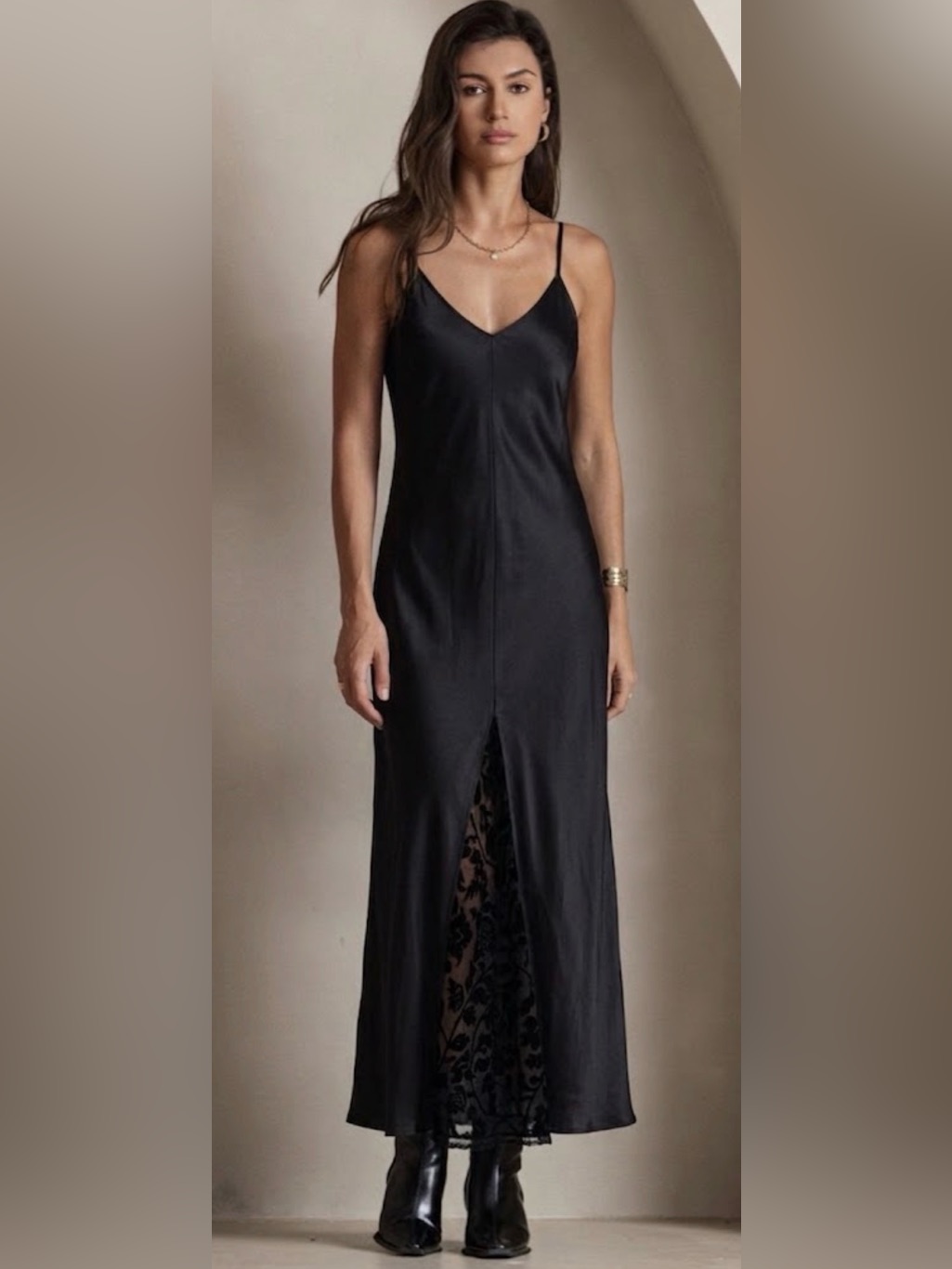 Valerie Stevens Vintage 100% Silk Black Slip Maxi Dress With Lace Inset Medium